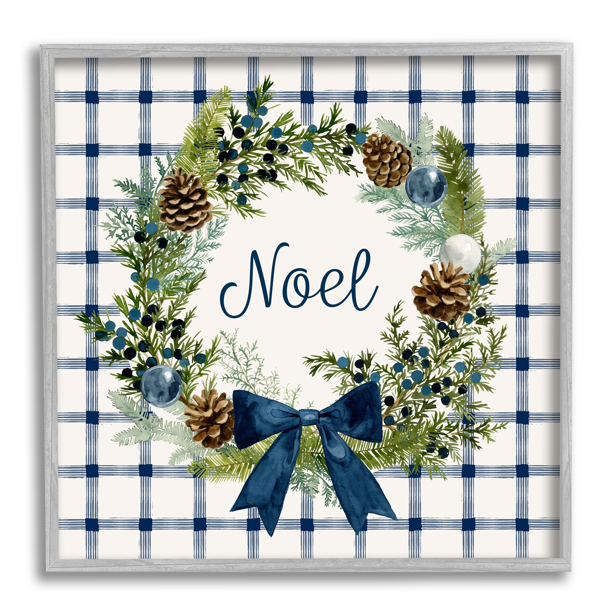 Stupell Industries Winter Noel Sentiment Pinecone Wreath Blue Plaid Graphic Art Gray Framed Art Print Wall Art, 12x12, by Victoria Barnes