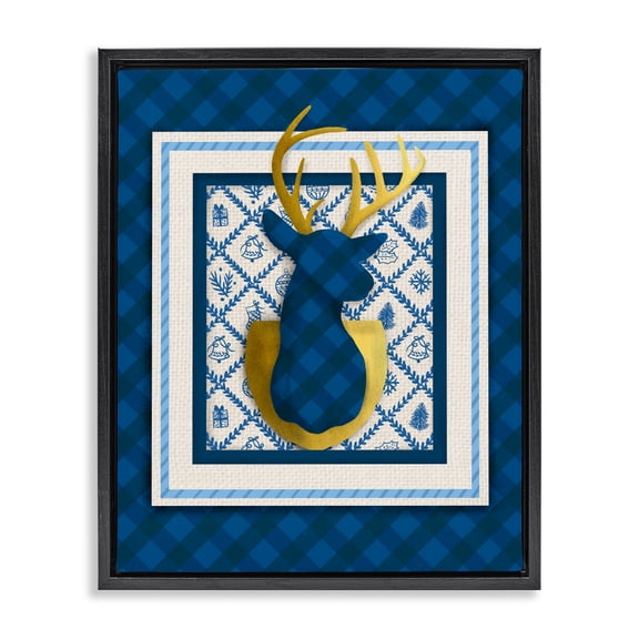 Stupell Industries Winter Plaid Deer Gold Detail Black Framed Floater Canvas Wall Art design by Jilly Jack Designs, 21 x 17