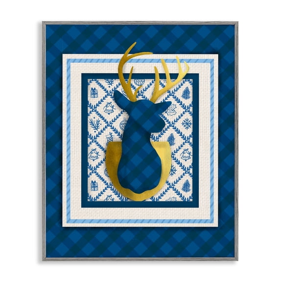 Stupell Industries Winter Plaid Deer Gold Detail Gray Framed Giclee Art design by Jilly Jack Designs, 20 x 16