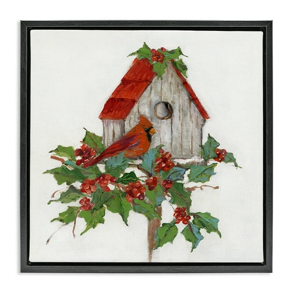 Stupell Industries Winter Plants & Birdhouse Holiday Painting Black Floater Framed Canvas Art Prints Wall Art, 18 x 18