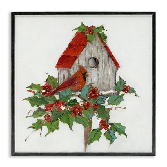 Stupell Industries Winter Plants & Birdhouse Holiday Painting Black Framed Art Prints Wall Art, 12 x 12