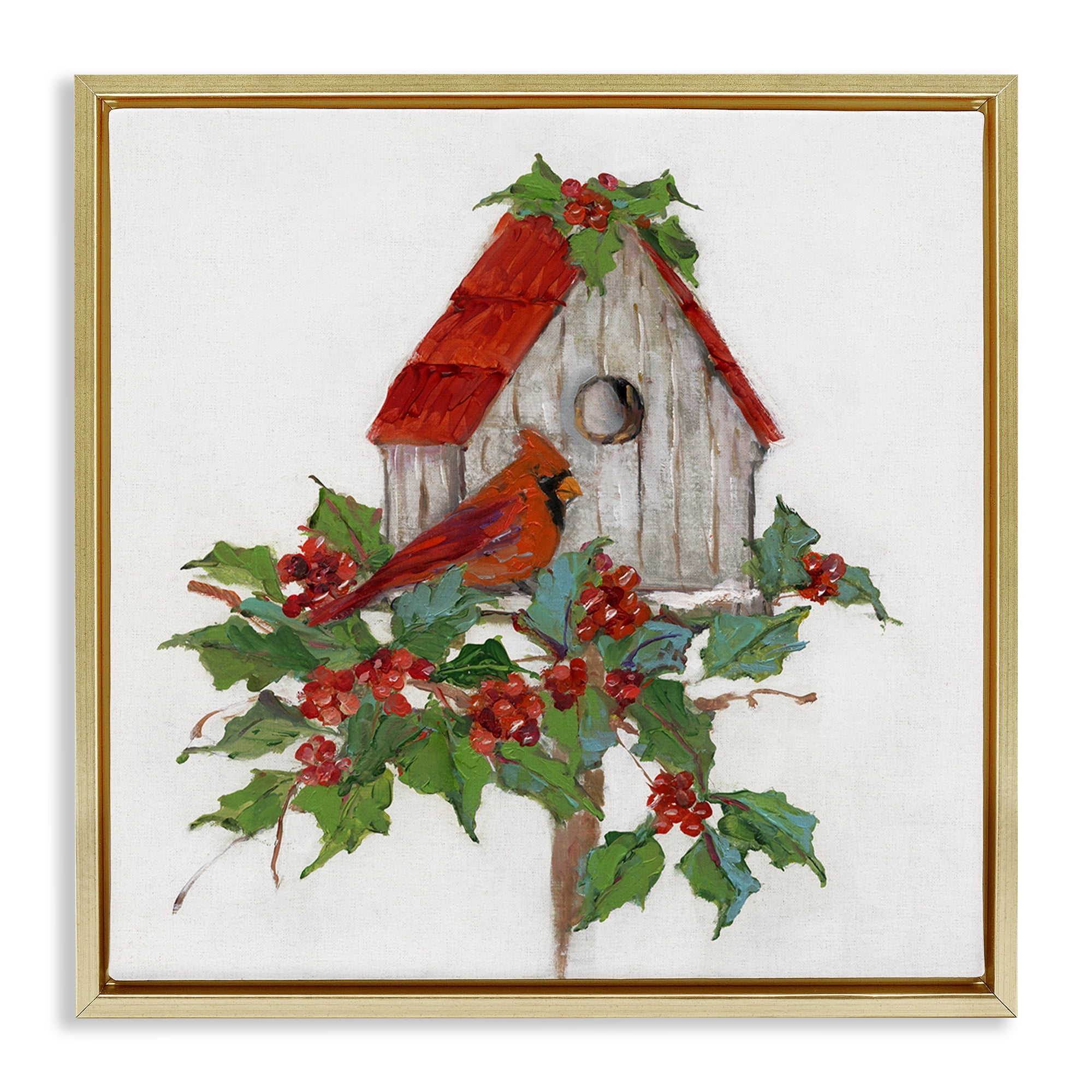 Stupell Industries Winter Plants & Birdhouse Holiday Painting Gold Floater Framed Canvas Art Prints Wall Art, 25 x 25
