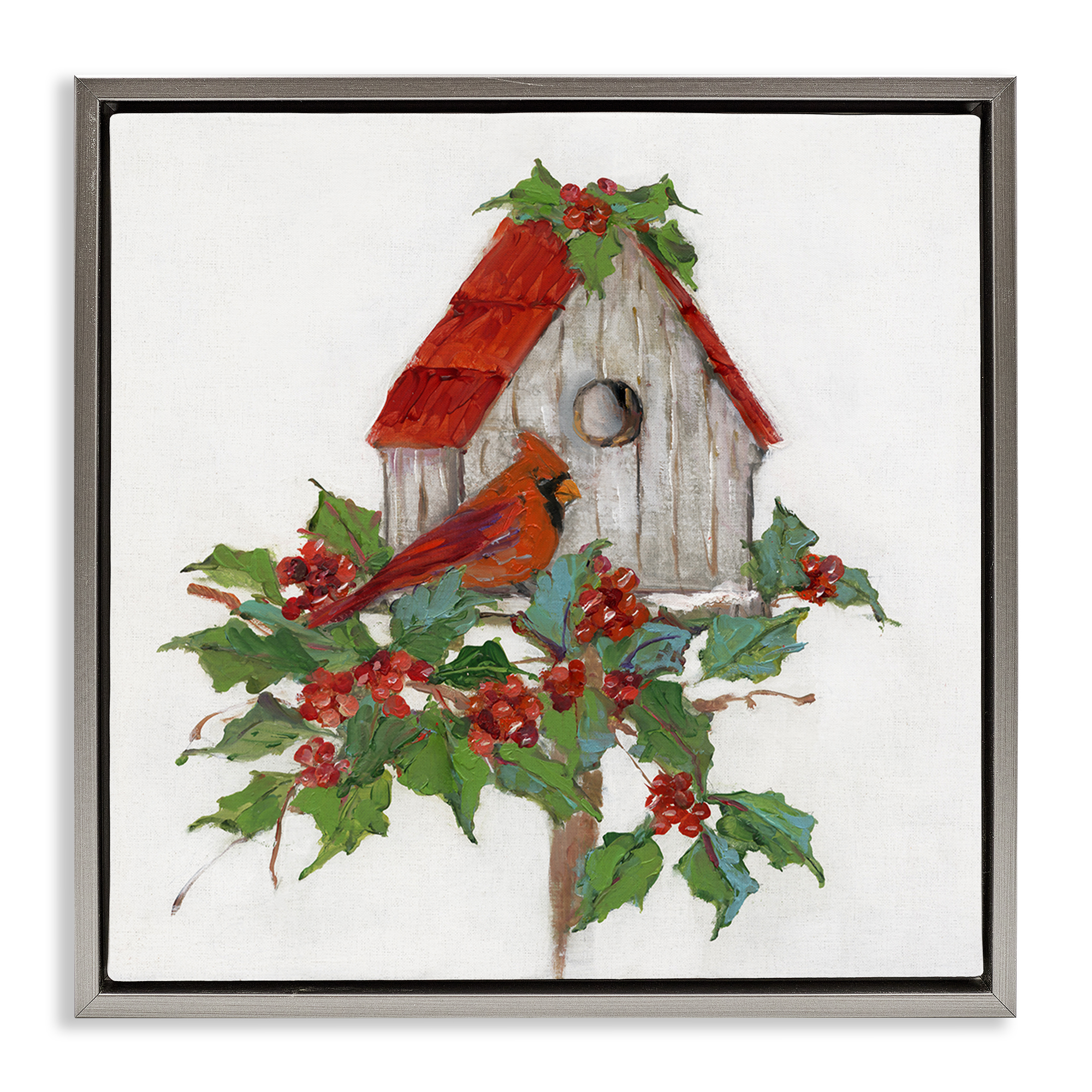 Stupell Industries Winter Plants & Birdhouse Holiday Painting Gray Floater Framed Canvas Art Prints Wall Art, 18 x 18