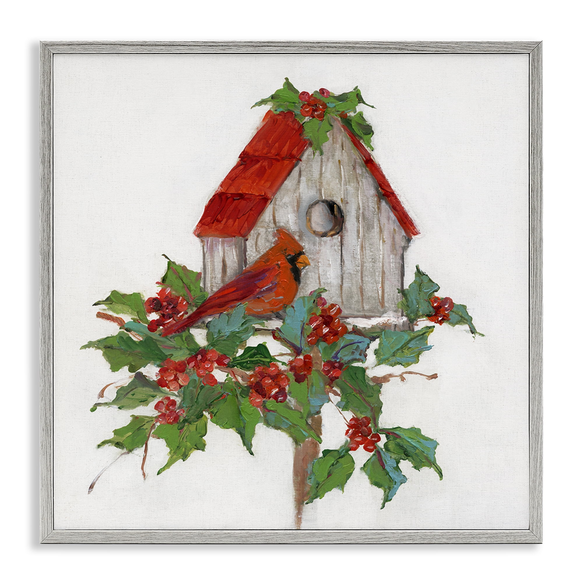 Stupell Industries Winter Plants & Birdhouse Holiday Painting Gray Framed Art Prints Wall Art, 17 x 17