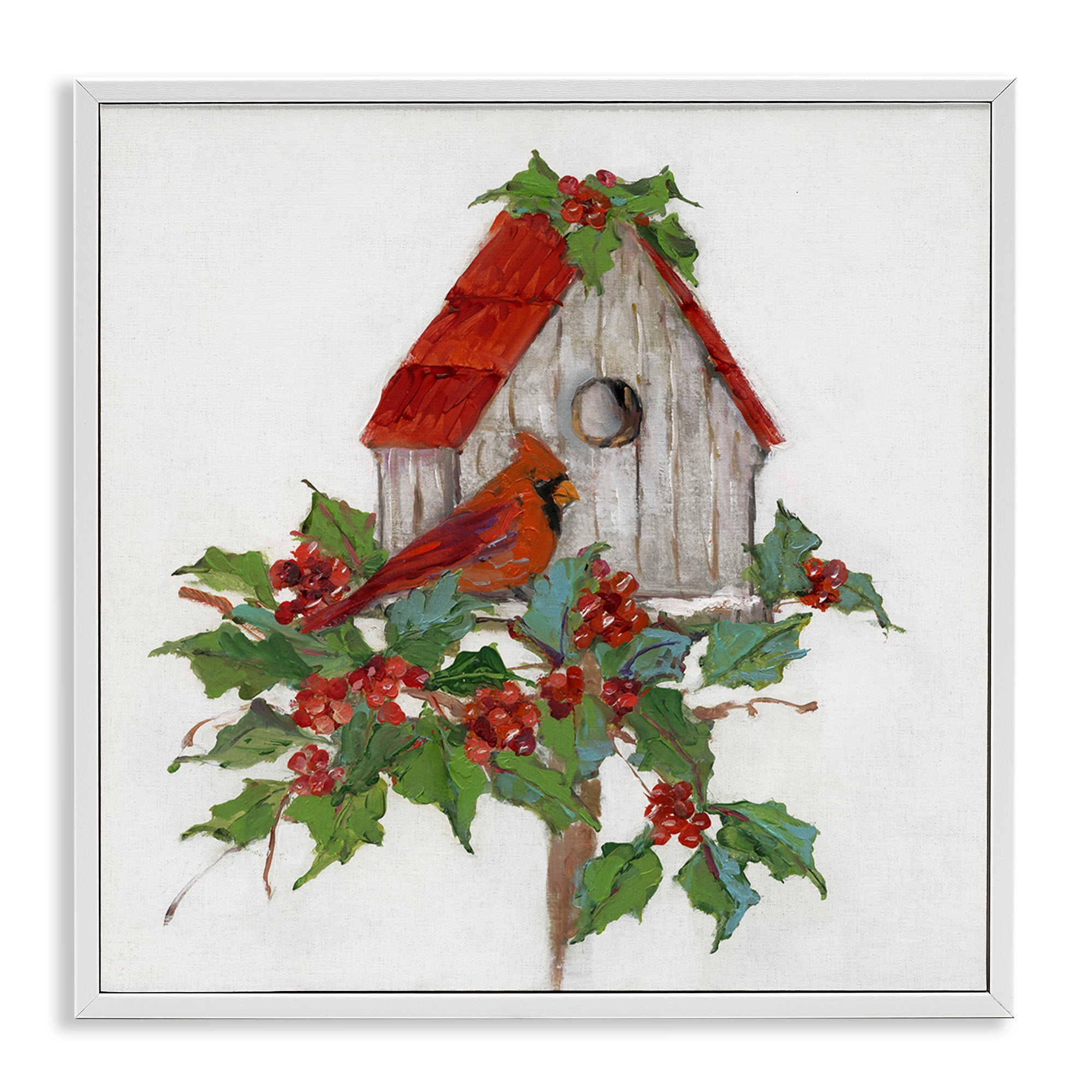 Stupell Industries Winter Plants & Birdhouse Holiday Painting White Framed Art Prints Wall Art, 17 x 17