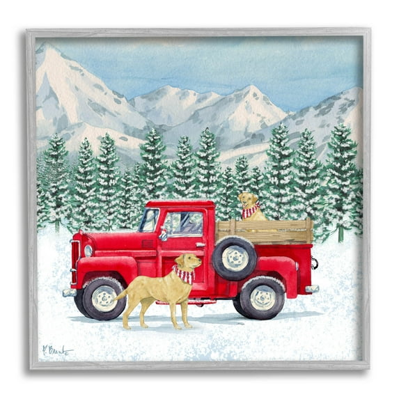 Stupell Industries Winter Pups Holiday Red Truck Painting Gray Framed Art Print Wall Art, Design by Paul Brent