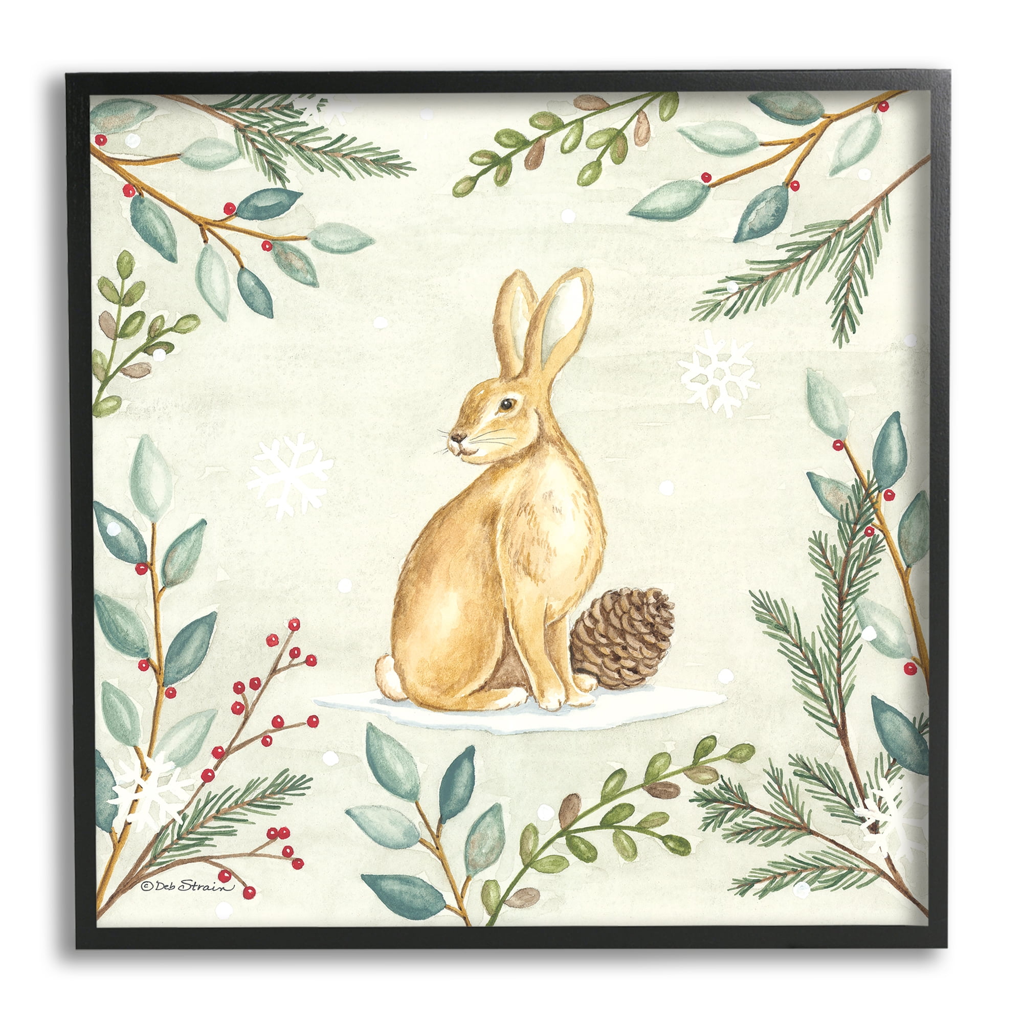 Stupell Industries Winter Rabbit & Pinecone Holiday Painting Black Framed Art Print Wall Art, 17 x 17