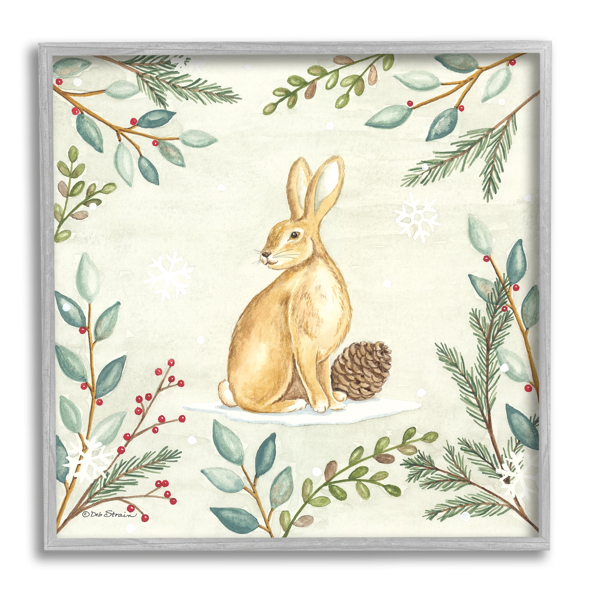 Stupell Industries Winter Rabbit & Pinecone Holiday Painting Gray Framed Art Print Wall Art, 24 x 24