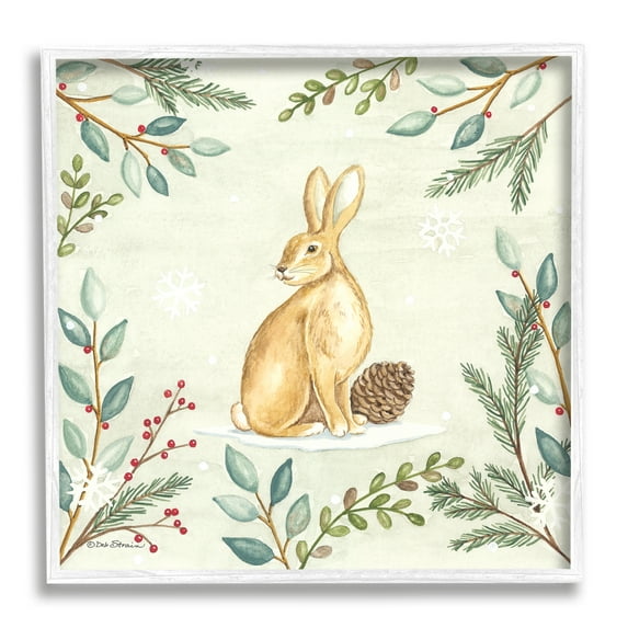 Stupell Industries Winter Rabbit & Pinecone Holiday Painting White Framed Art Print Wall Art, 12 x 12