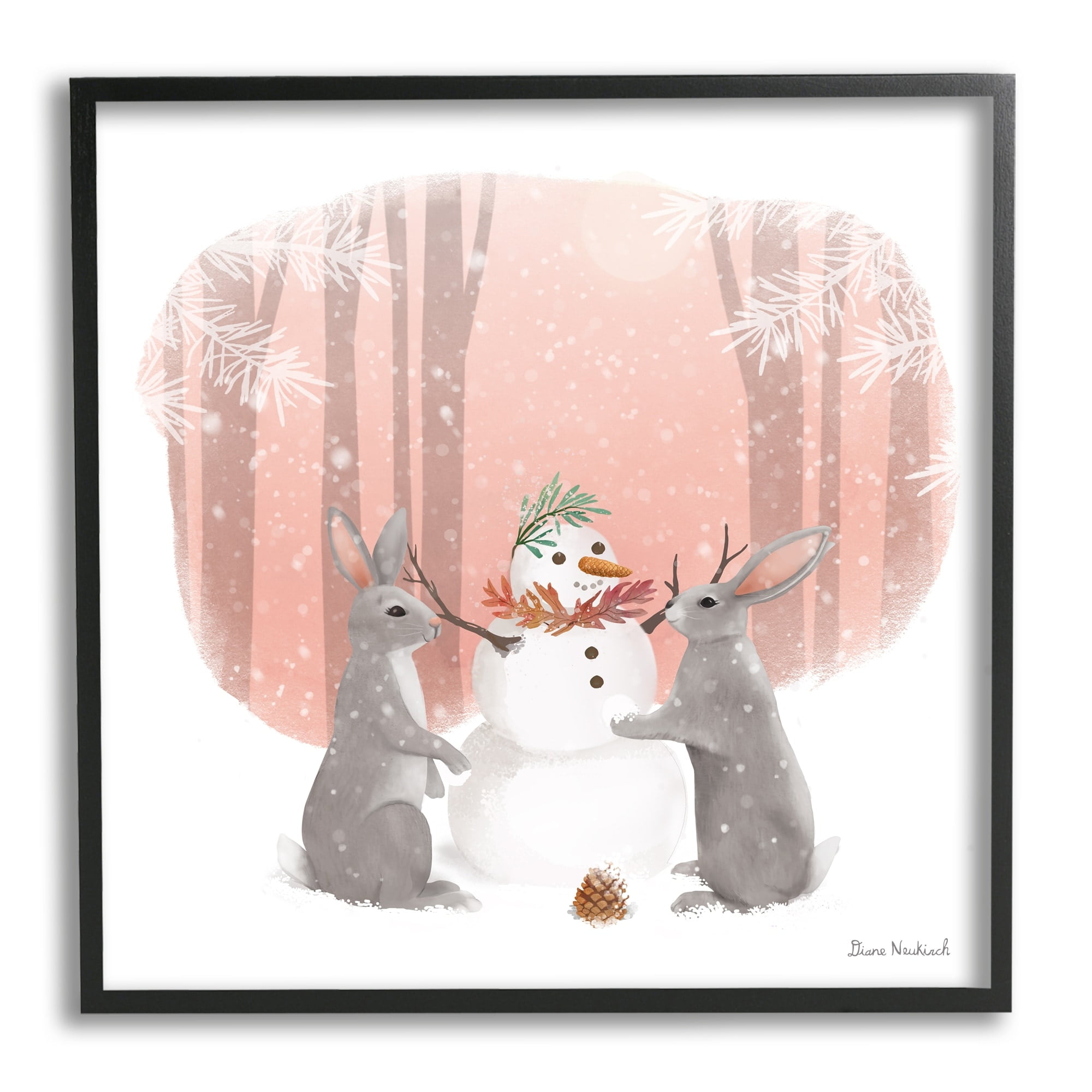 Stupell Industries Winter Rabbits Building Snowman Snowy Forest Scene Painting Black Framed Art Print Wall Art, Design by Diane Neukirch