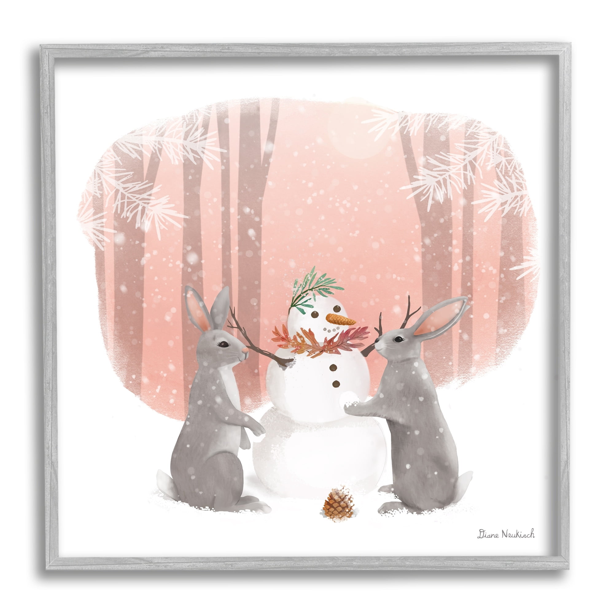 Stupell Industries Winter Rabbits Building Snowman Snowy Forest Scene Painting Gray Framed Art Print Wall Art, Design by Diane Neukirch