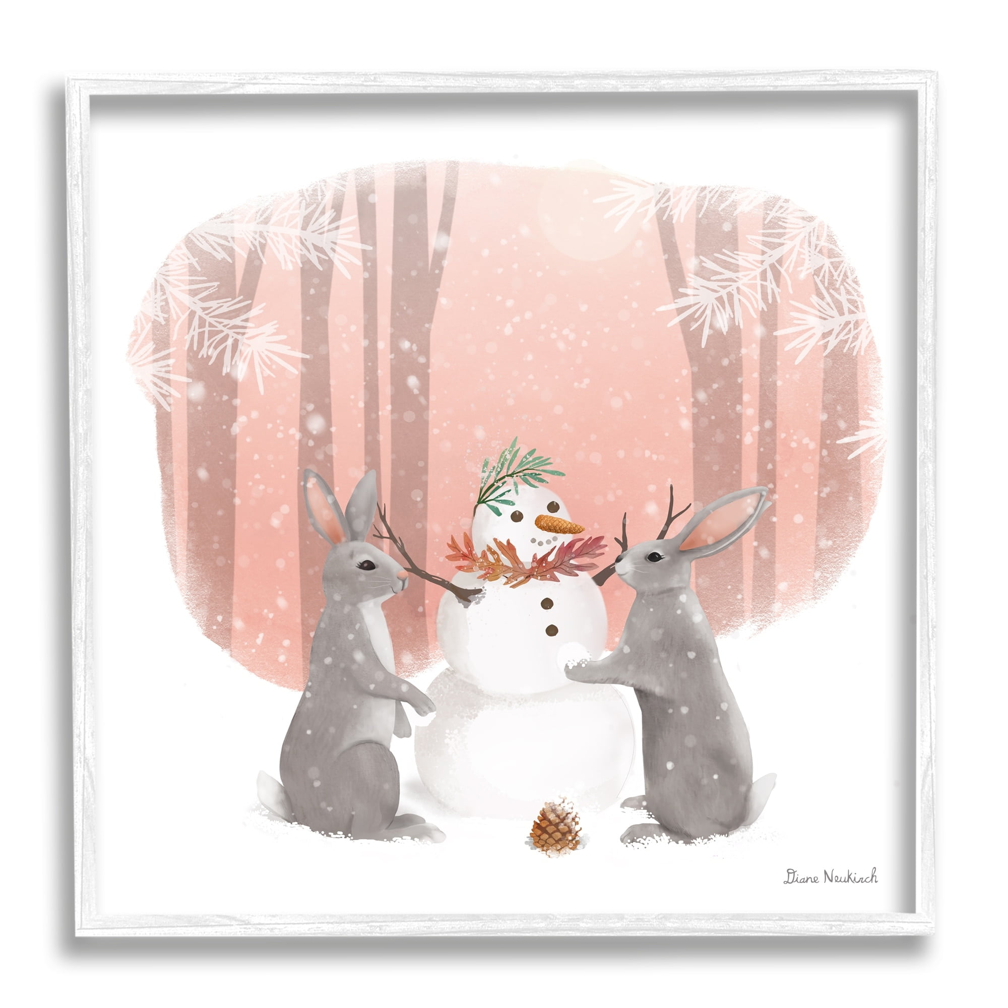 Stupell Industries Winter Rabbits Building Snowman Snowy Forest Scene Painting White Framed Art Print Wall Art, Design by Diane Neukirch