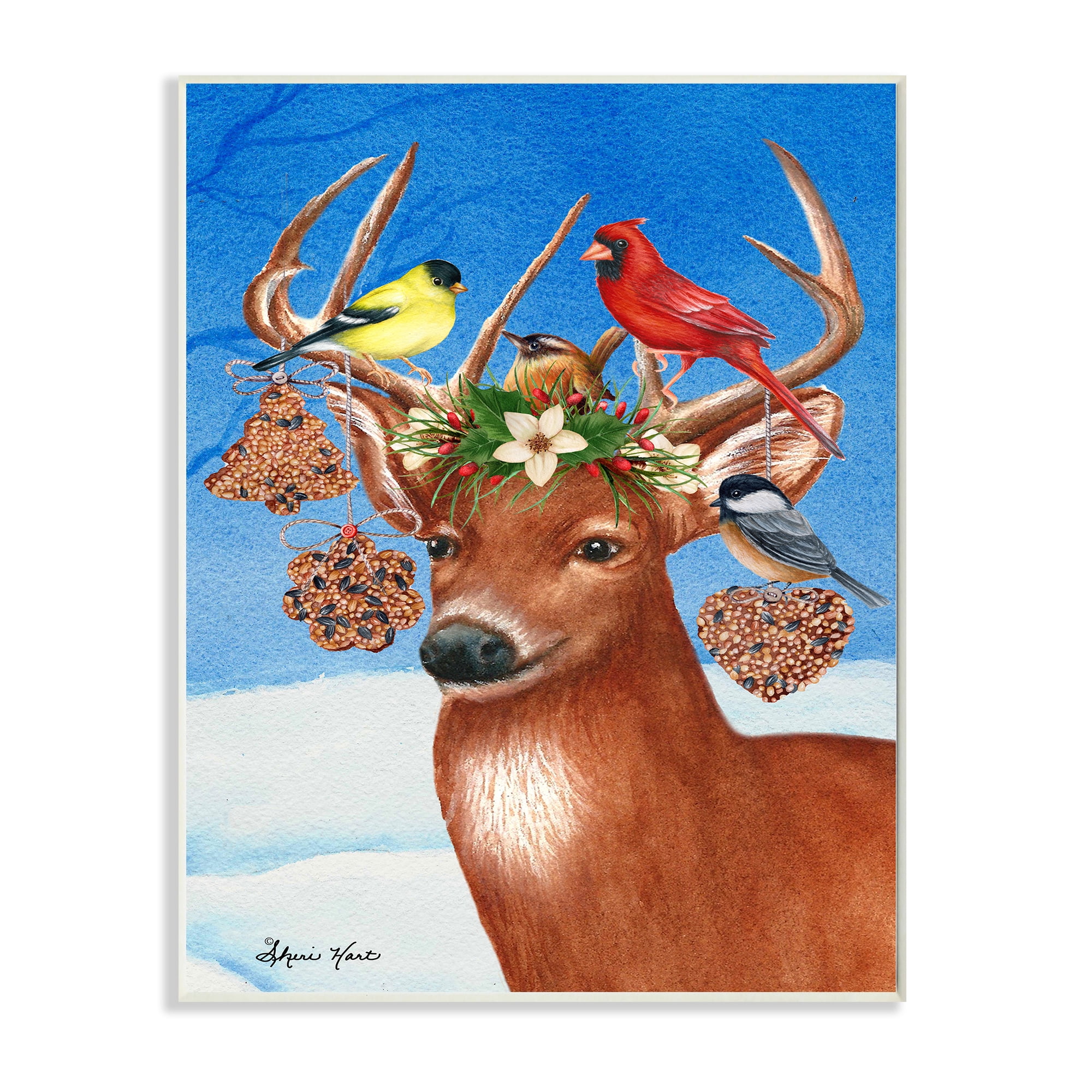Stupell Industries Winter Reindeer Antler Ornaments with Birds Paintings Unframed Art Print Wall Art, 10x15, by Sheri Hart
