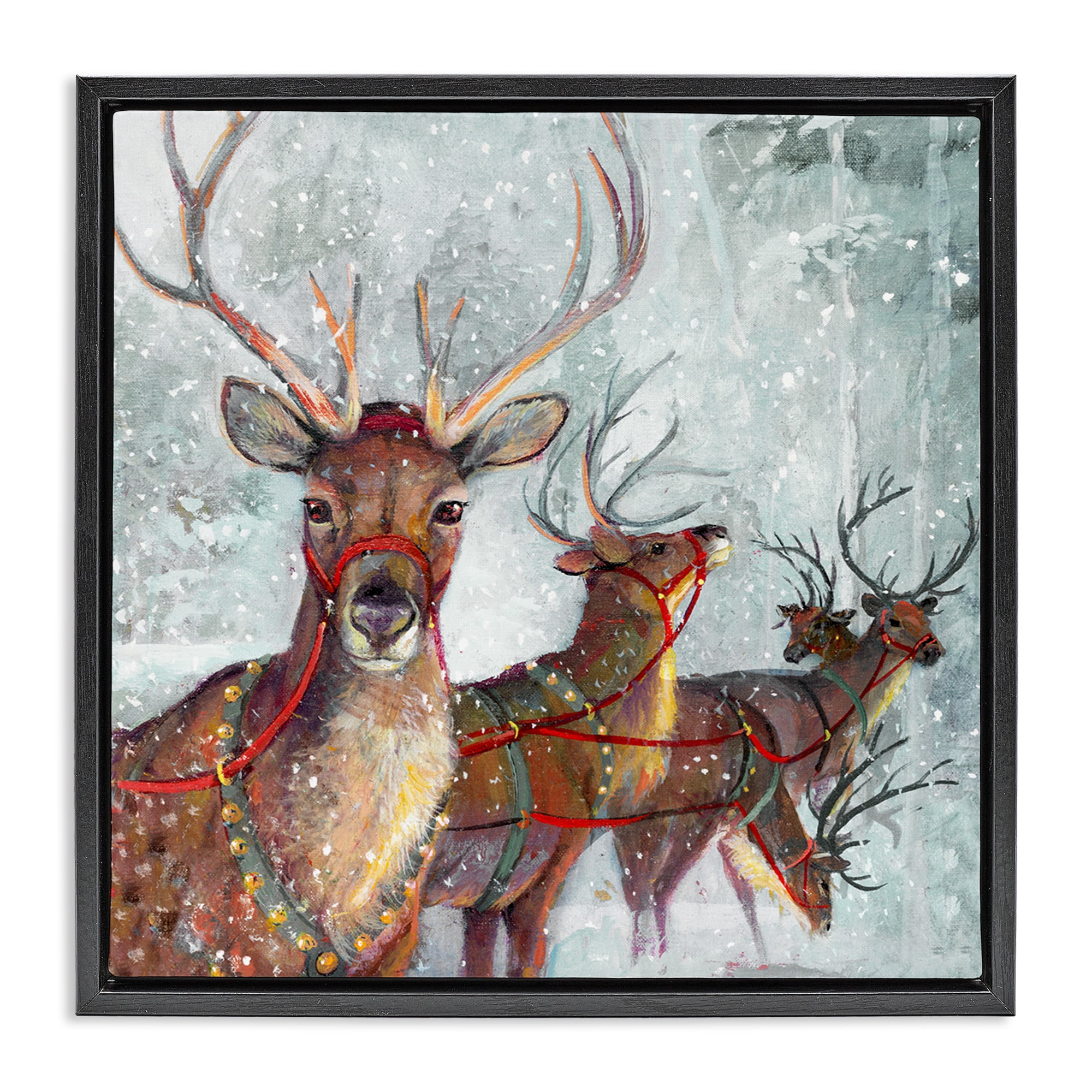 Stupell Industries Winter Reindeer Holiday Landscape Holiday Painting Black Floater Framed Canvas Art Print Wall Art, 25 x 25