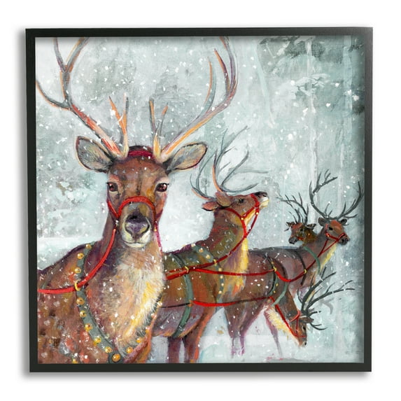 Stupell Industries Winter Reindeer Holiday Landscape Holiday Painting Black Framed Art Print Wall Art