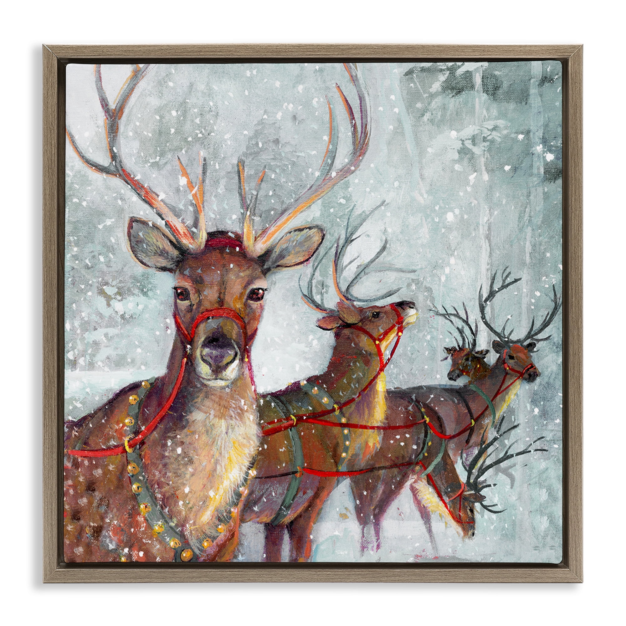 Stupell Industries Winter Reindeer Holiday Landscape Holiday Painting Brown Floater Framed Canvas Art Print Wall Art, 25 x 25
