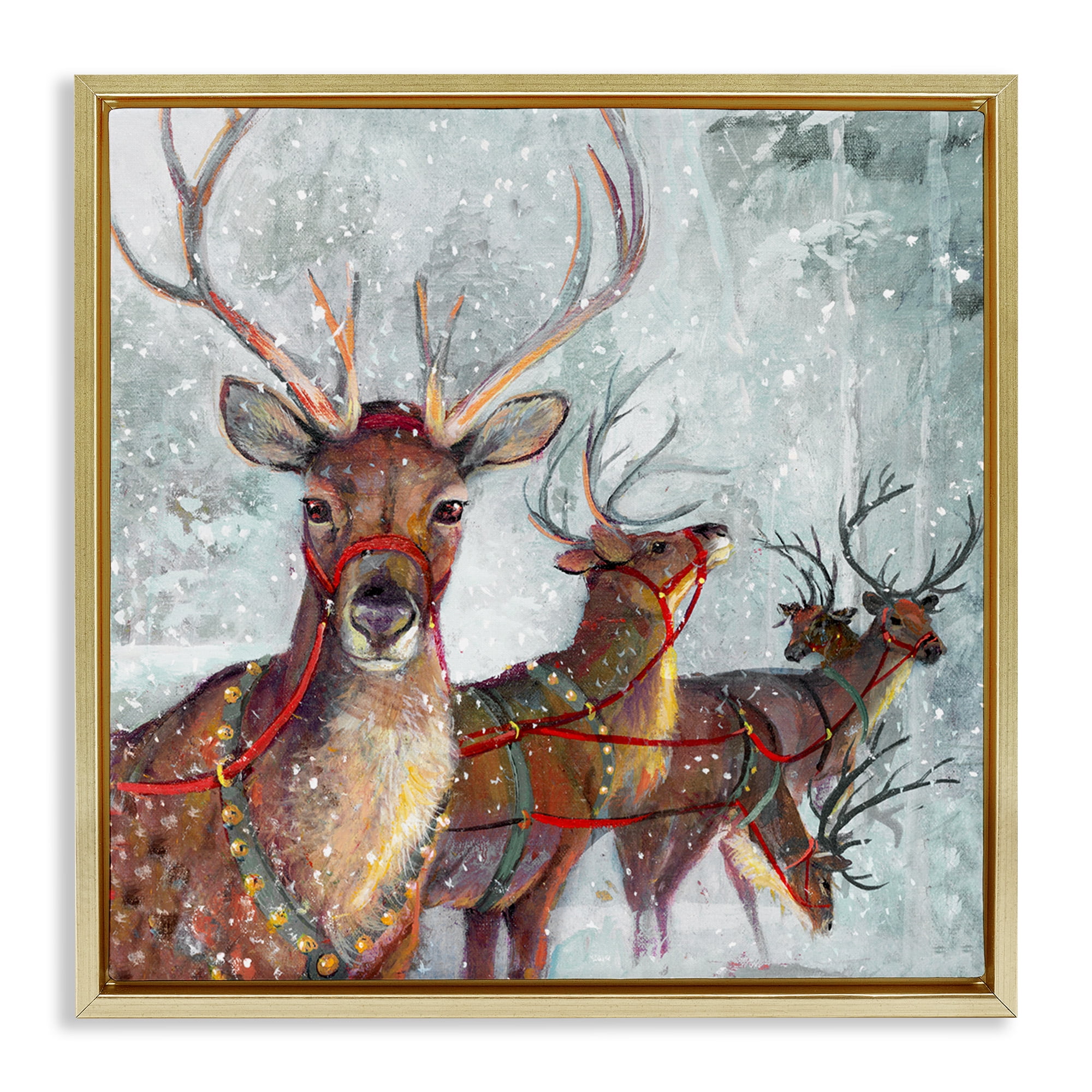 Stupell Industries Winter Reindeer Holiday Landscape Holiday Painting Gold Floater Framed Canvas Art Print Wall Art, 18 x 18