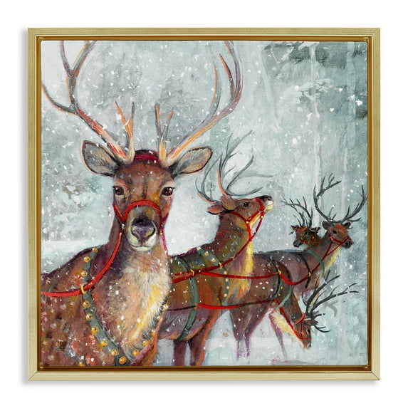 Stupell Industries Winter Reindeer Holiday Landscape Holiday Painting Gold Floater Framed Canvas Art Print Wall Art, 25 x 25