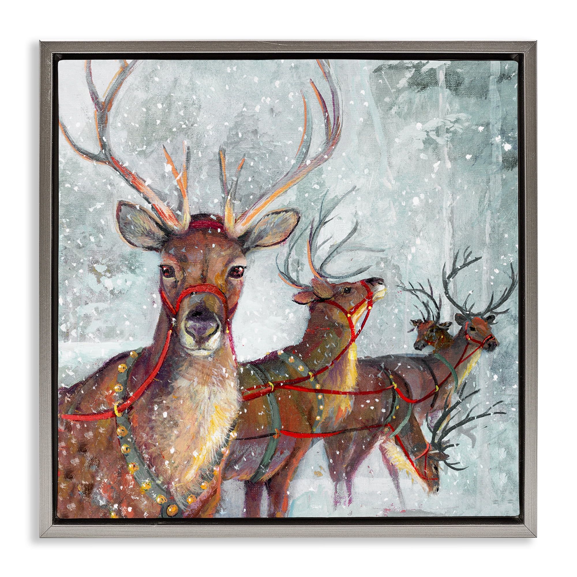 Stupell Industries Winter Reindeer Holiday Landscape Holiday Painting Gray Floater Framed Canvas Art Print Wall Art, 25 x 25