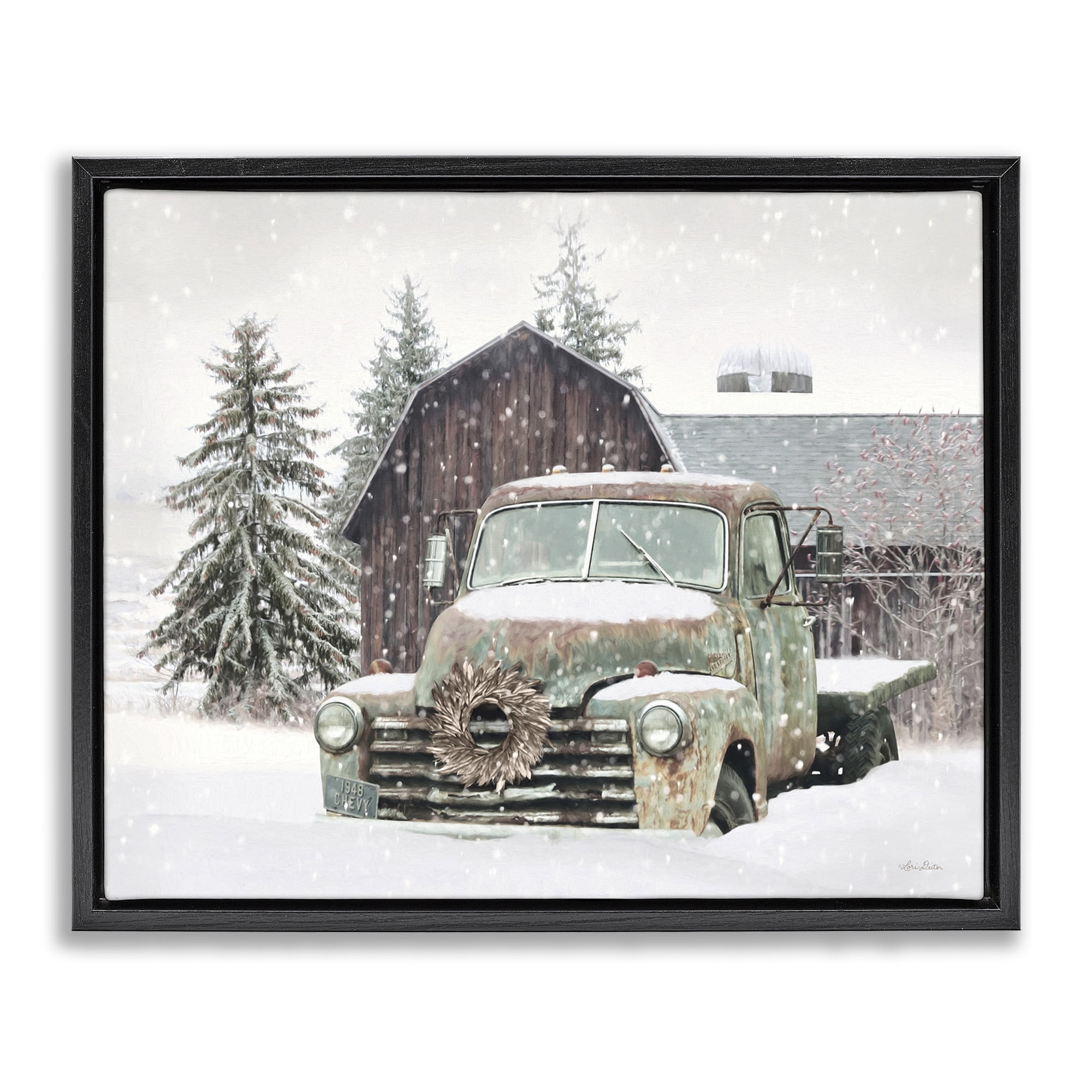Stupell Industries Winter Rural Vintage Truck & Barn Transportation Painting Black Floater Framed Canvas Art Print Wall Art, 31 x 25