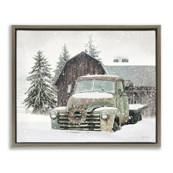 Stupell Industries Winter Rural Vintage Truck & Barn Transportation Painting Brown Floater Framed Canvas Art Print Wall Art, 21 x 17
