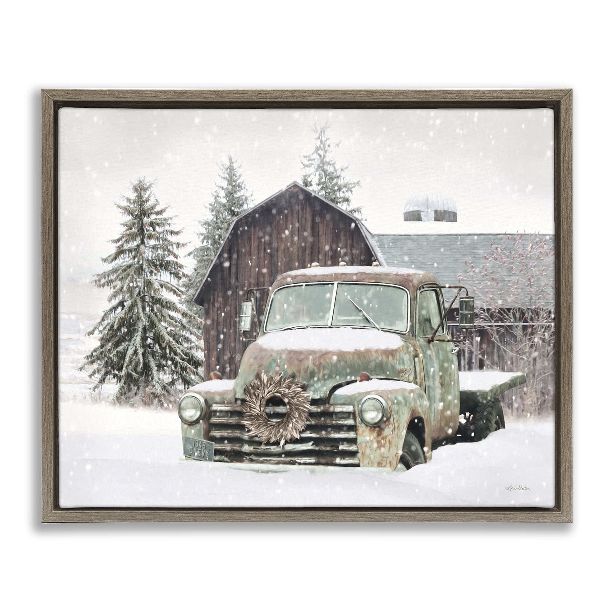 Stupell Industries Winter Rural Vintage Truck & Barn Transportation Painting Brown Floater Framed Canvas Art Print Wall Art, 31 x 25