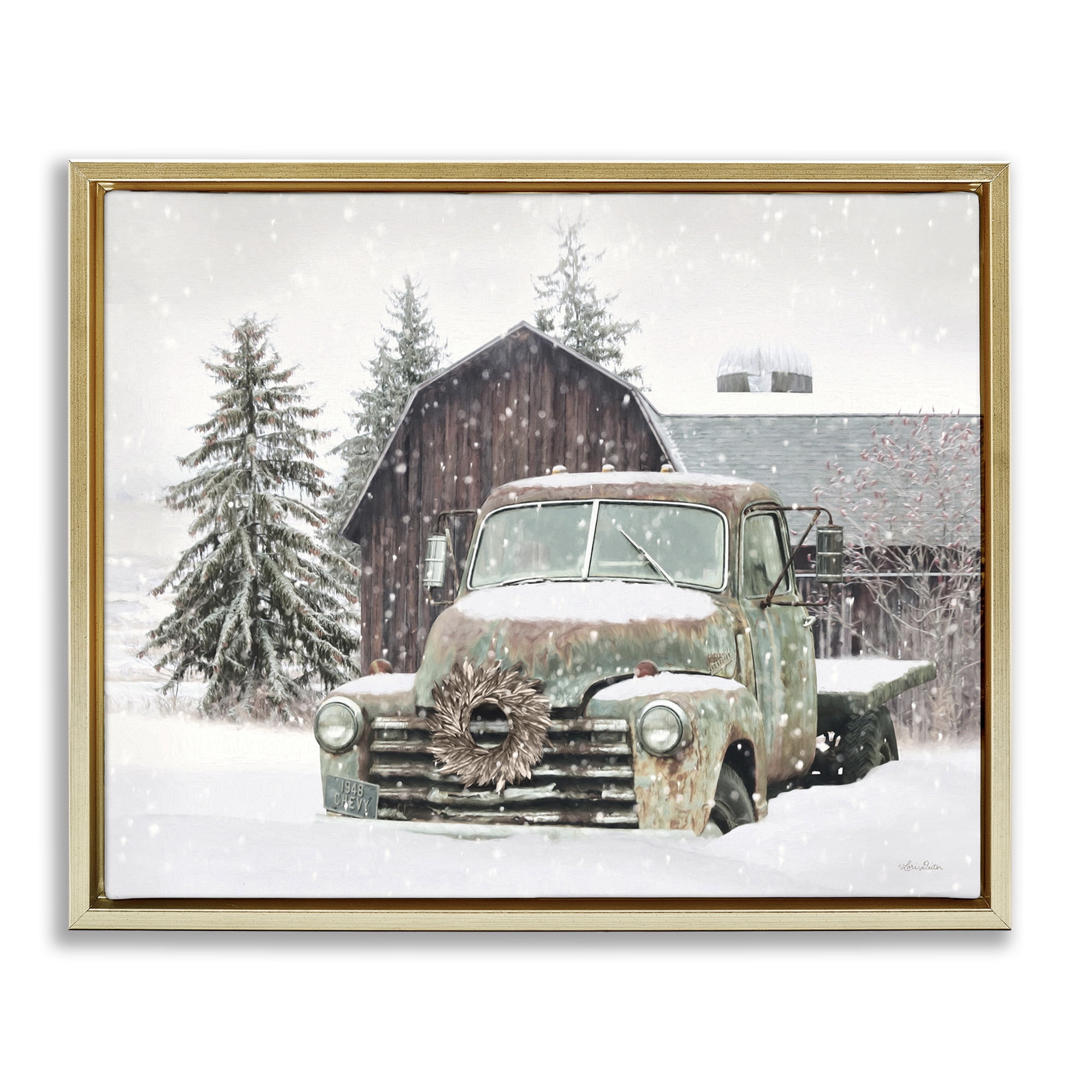 Stupell Industries Winter Rural Vintage Truck & Barn Transportation Painting Gold Floater Framed Canvas Art Print Wall Art, 31 x 25