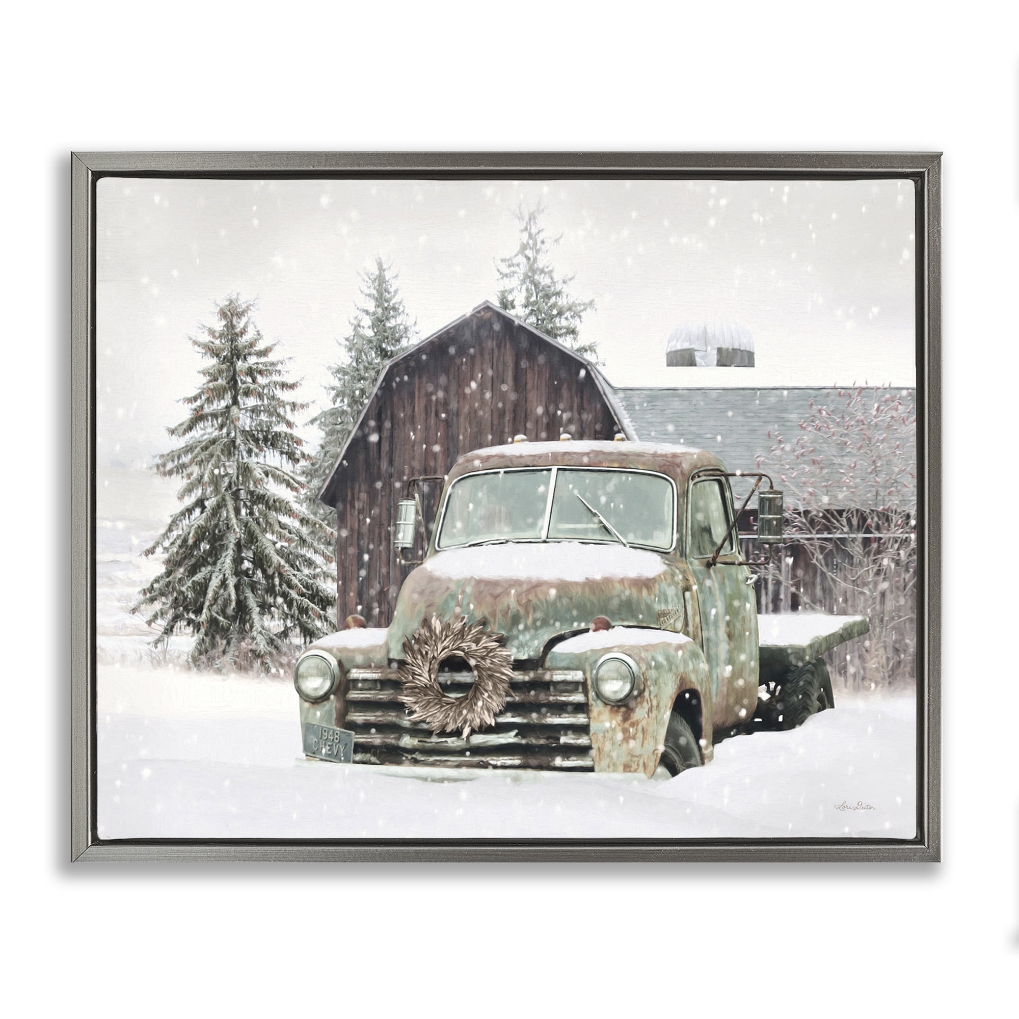 Stupell Industries Winter Rural Vintage Truck & Barn Transportation Painting Gray Floater Framed Canvas Art Print Wall Art, 21 x 17
