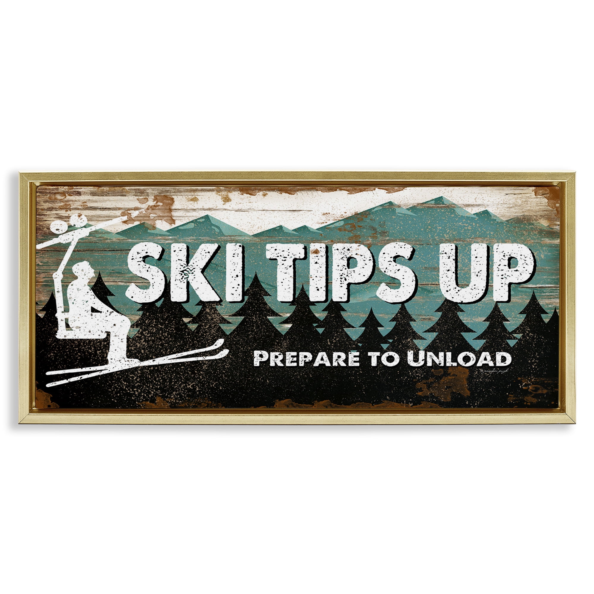 Stupell Industries Winter Rustic Mountain Skiing Typography Painting Gold Floater Framed Canvas Art Print Wall Art, 31 x 14