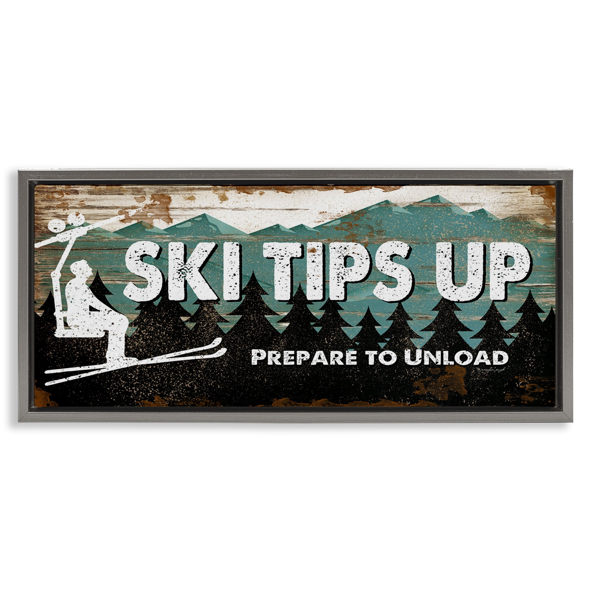 Stupell Industries Winter Rustic Mountain Skiing Typography Painting Gray Floater Framed Canvas Art Print Wall Art, 31 x 14