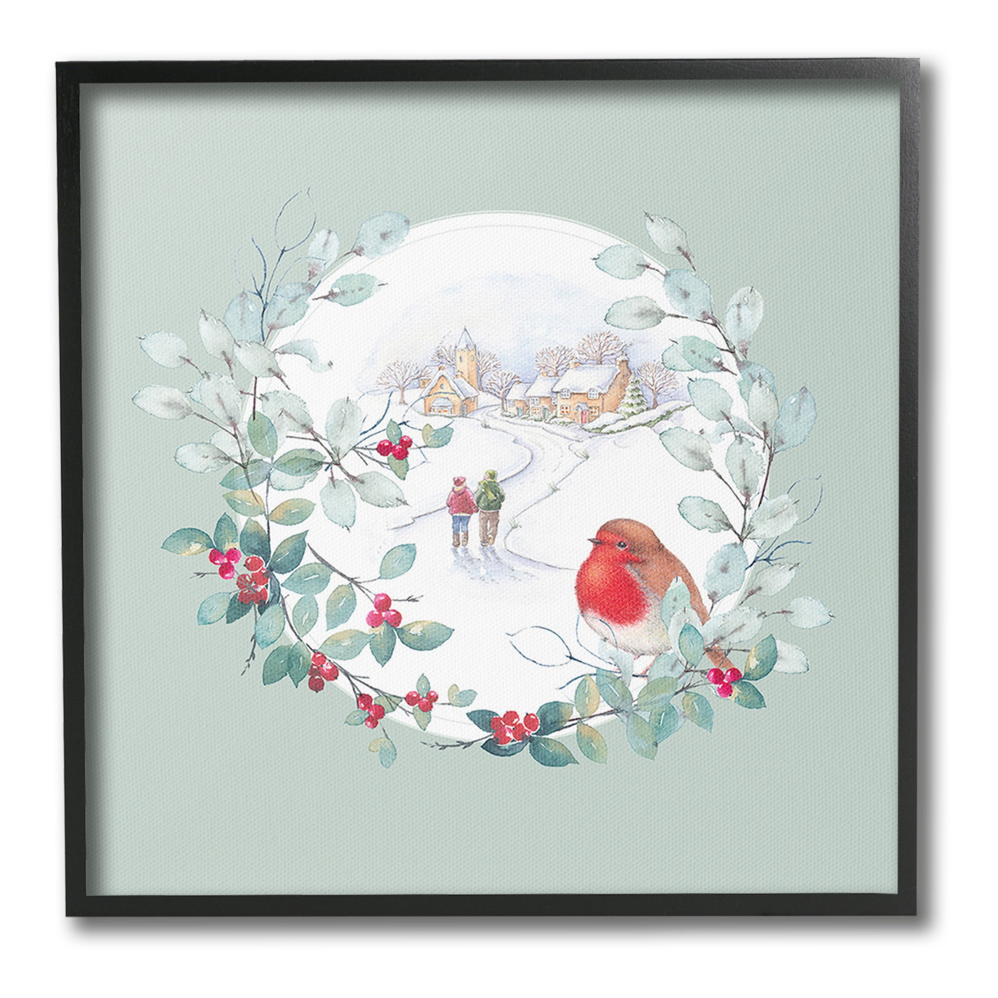 Stupell Industries Winter Scene with Border Holiday Painting Black Framed Art Print Wall Art, 17 x 17