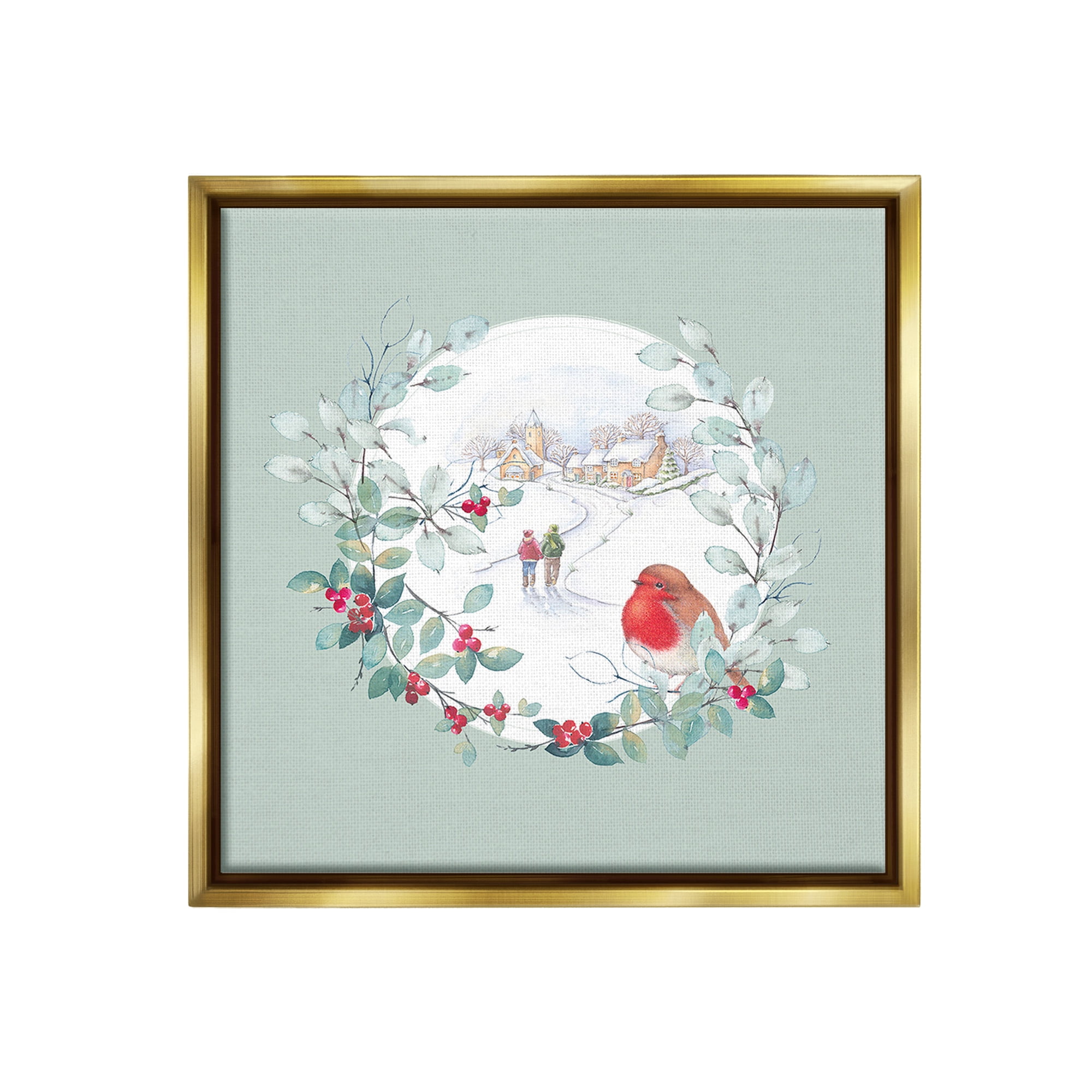 Stupell Industries Winter Scene with Border Holiday Painting Gold Floater Framed Canvas Art Print Wall Art, 18 x 18