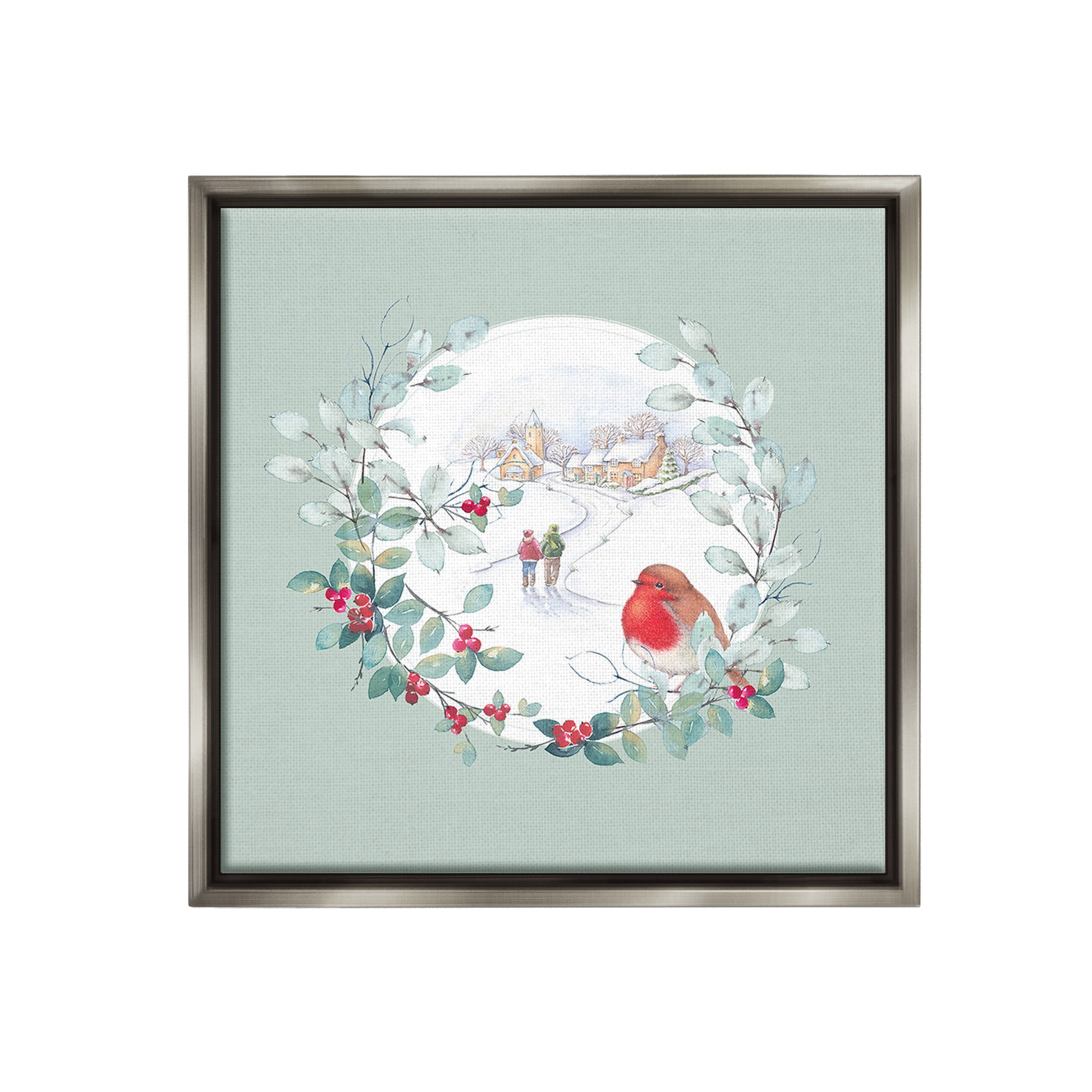 Stupell Industries Winter Scene with Border Holiday Painting Gray Floater Framed Canvas Art Print Wall Art, 18 x 18