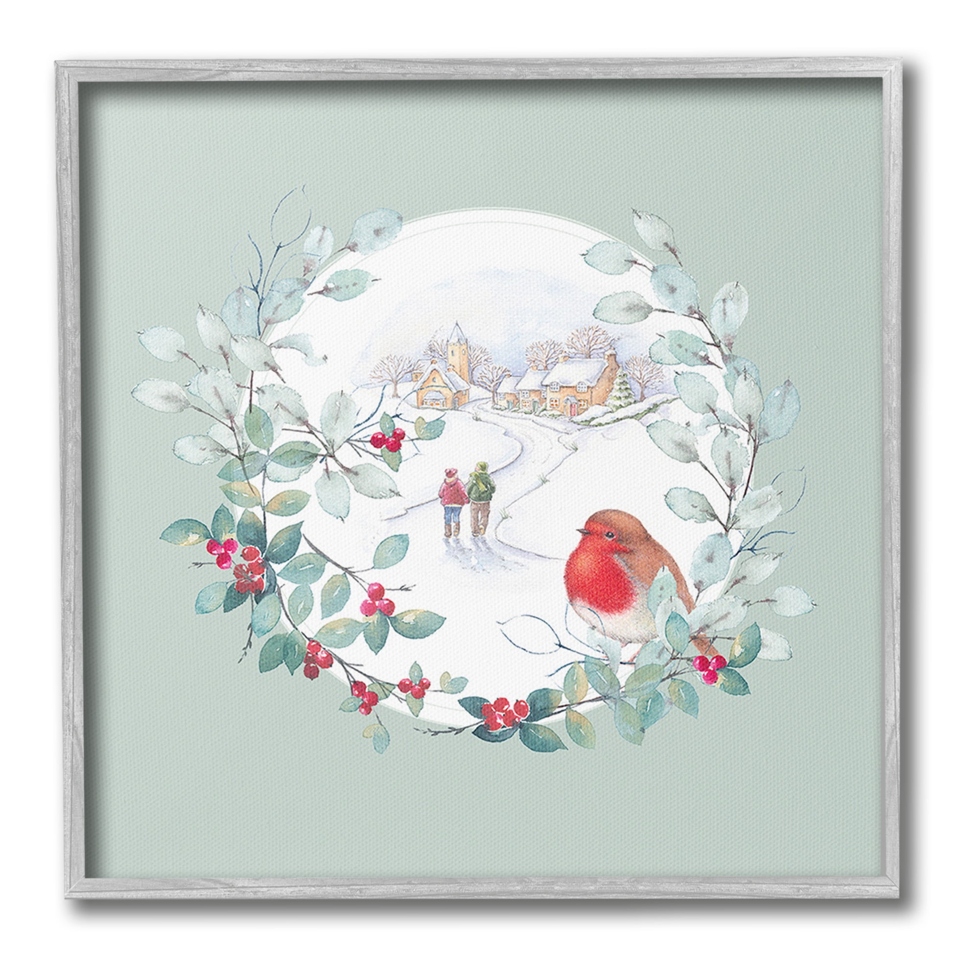 Stupell Industries Winter Scene with Border Holiday Painting Gray Framed Art Print Wall Art, 17 x 17