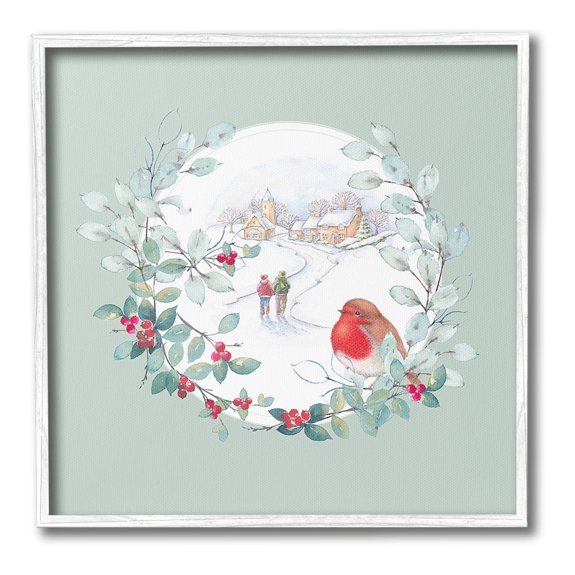 Stupell Industries Winter Scene with Border Holiday Painting White Framed Art Print Wall Art, 24 x 24
