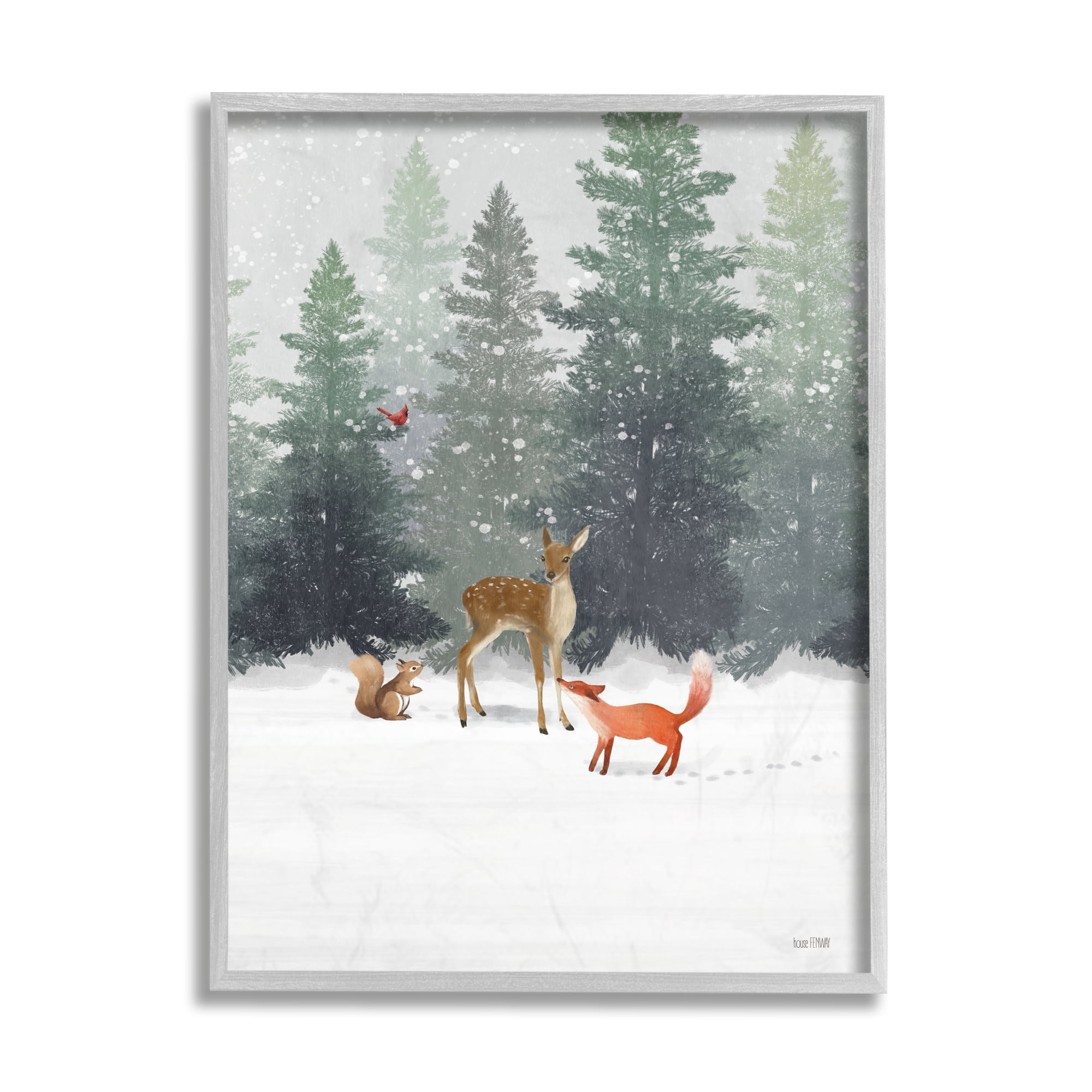 Stupell Industries Winter Season Forest Animals Fox Deer Squirrel Gray Framed Design by House Fenway