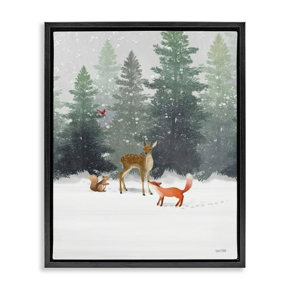 Stupell Industries Winter Season Forest Animals Fox Deer Squirrel Jet Black Framed Floating Canvas Wall Art, 16x20, by House Fenway