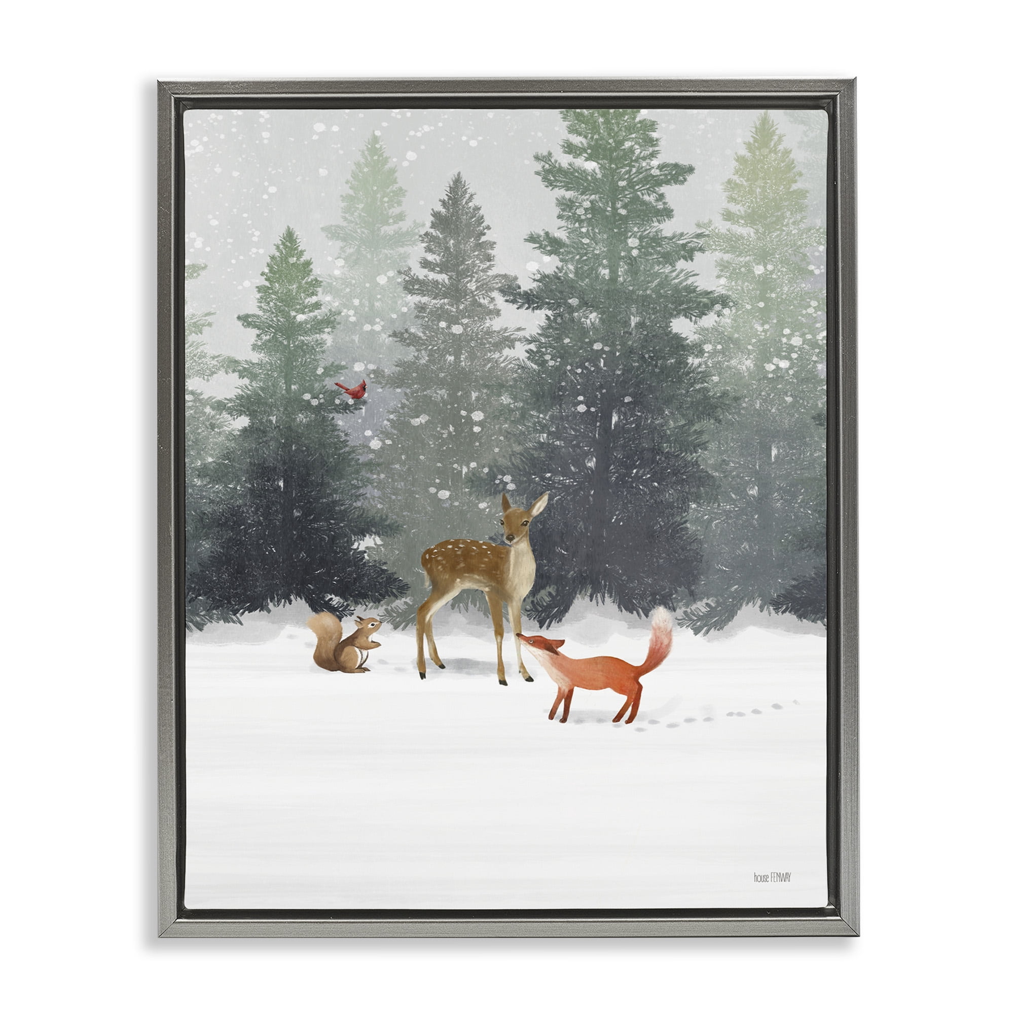 Stupell Industries Winter Season Forest Animals Fox Deer Squirrel Luster Gray Framed Floating Canvas Wall Art, 16x20, by House Fenway