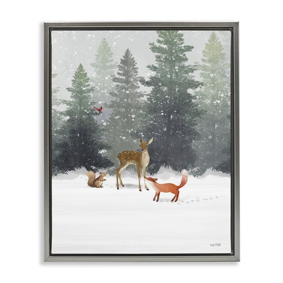 Stupell Industries Winter Season Forest Animals Fox Deer Squirrel Luster Gray Framed Floating Canvas Wall Art, 16x20, by House Fenway