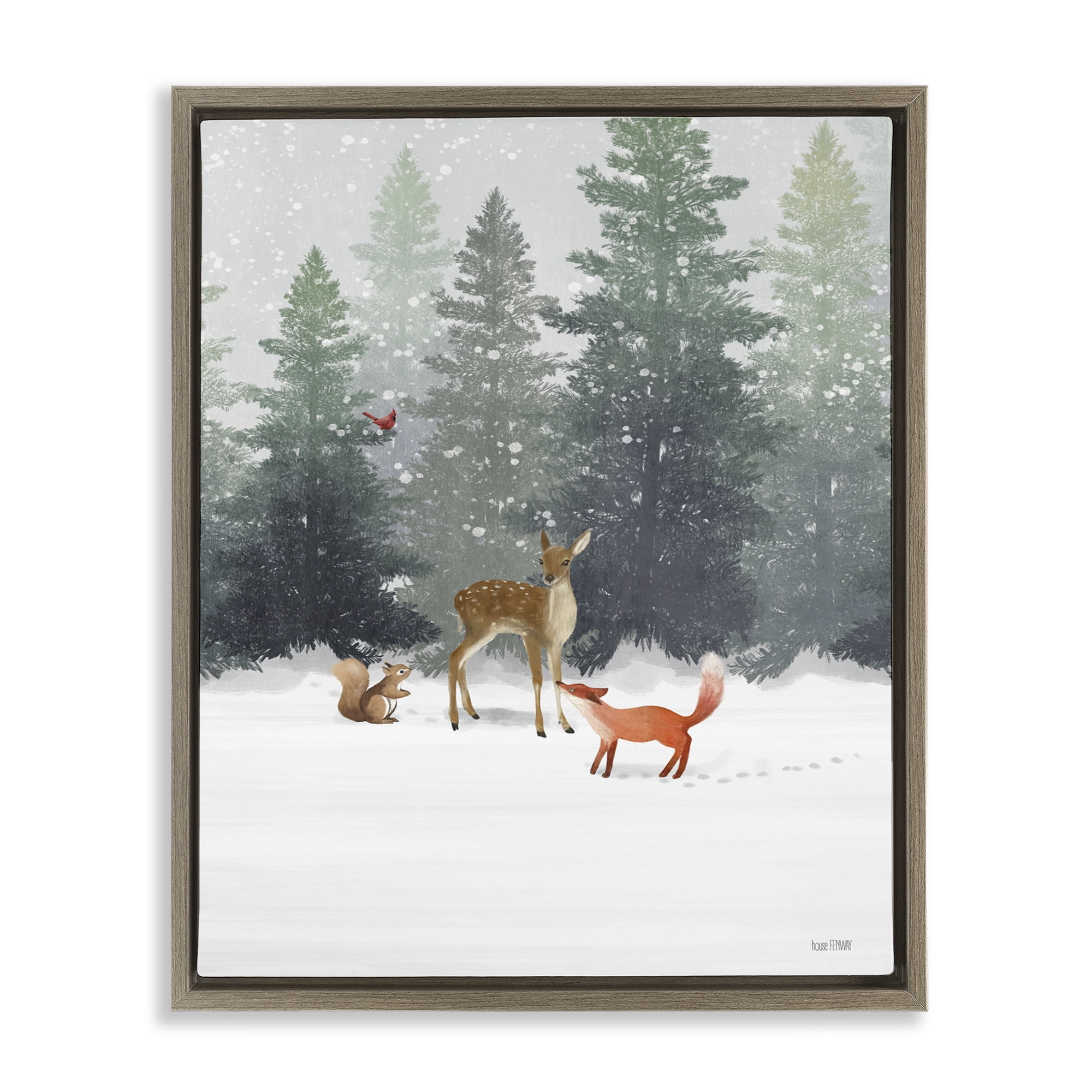 Stupell Industries Winter Season Forest Animals Holiday Painting Brown Floater Framed Canvas Art Print Wall Art, 17 x 21