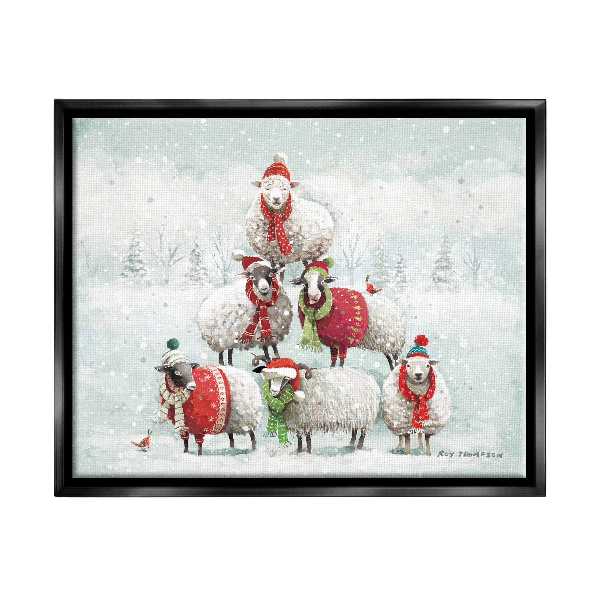 Stupell Industries Winter Sheep Snowy Farm Animals Holiday Painting Black Floater Framed Art Print Wall Art