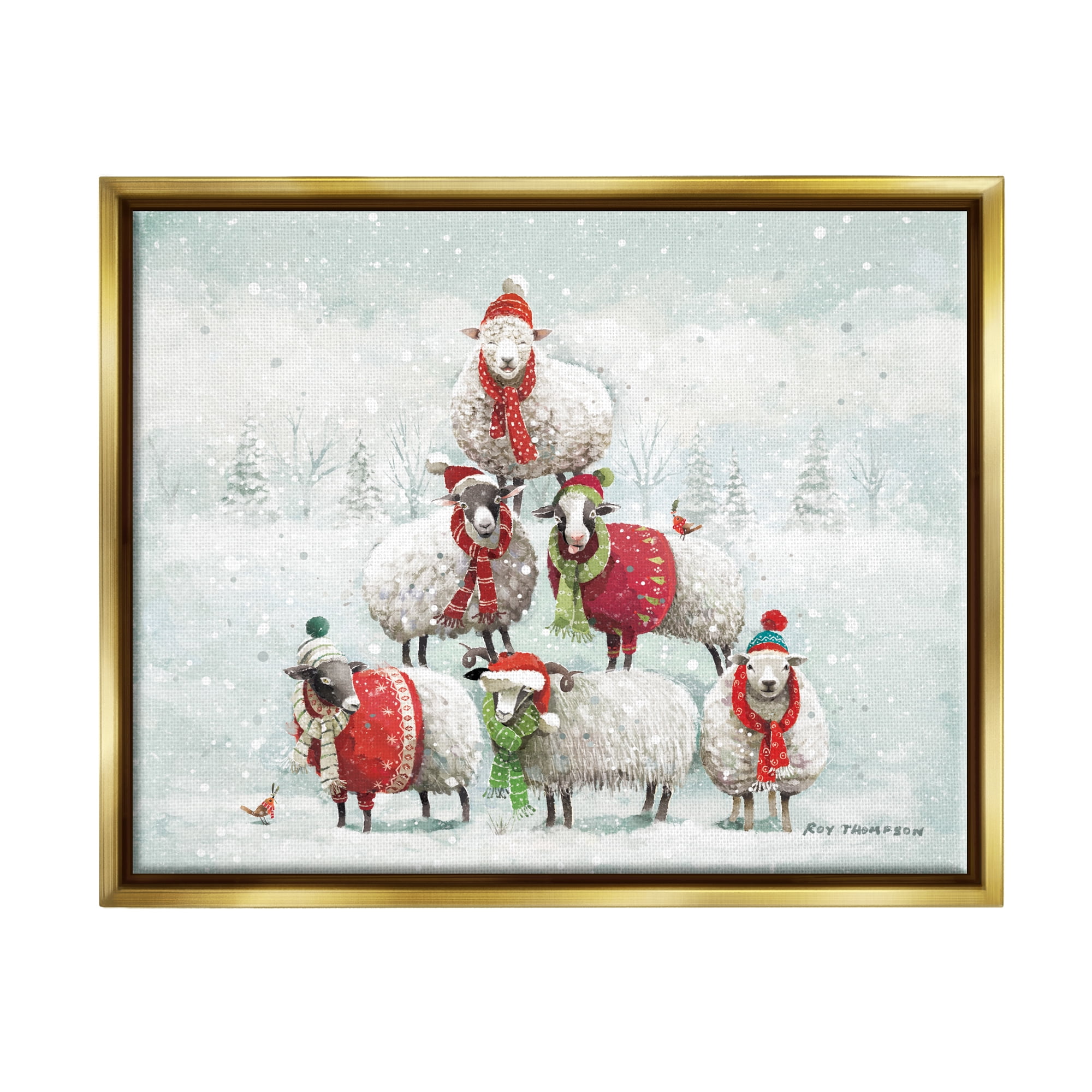 Stupell Industries Winter Sheep Snowy Farm Animals Holiday Painting Gold Floater Framed Art Print Wall Art