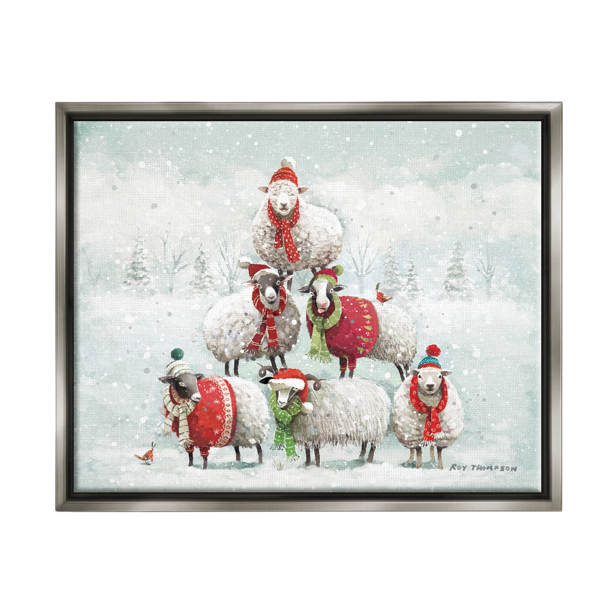 Stupell Industries Winter Sheep Snowy Farm Animals Holiday Painting Gray Floater Framed Art Print Wall Art