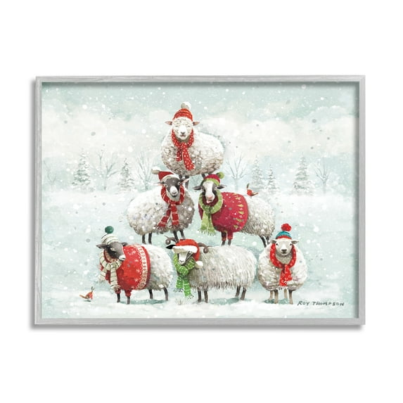Stupell Industries Winter Sheep Snowy Farm Animals Holiday Painting Gray Framed Art Print Wall Art