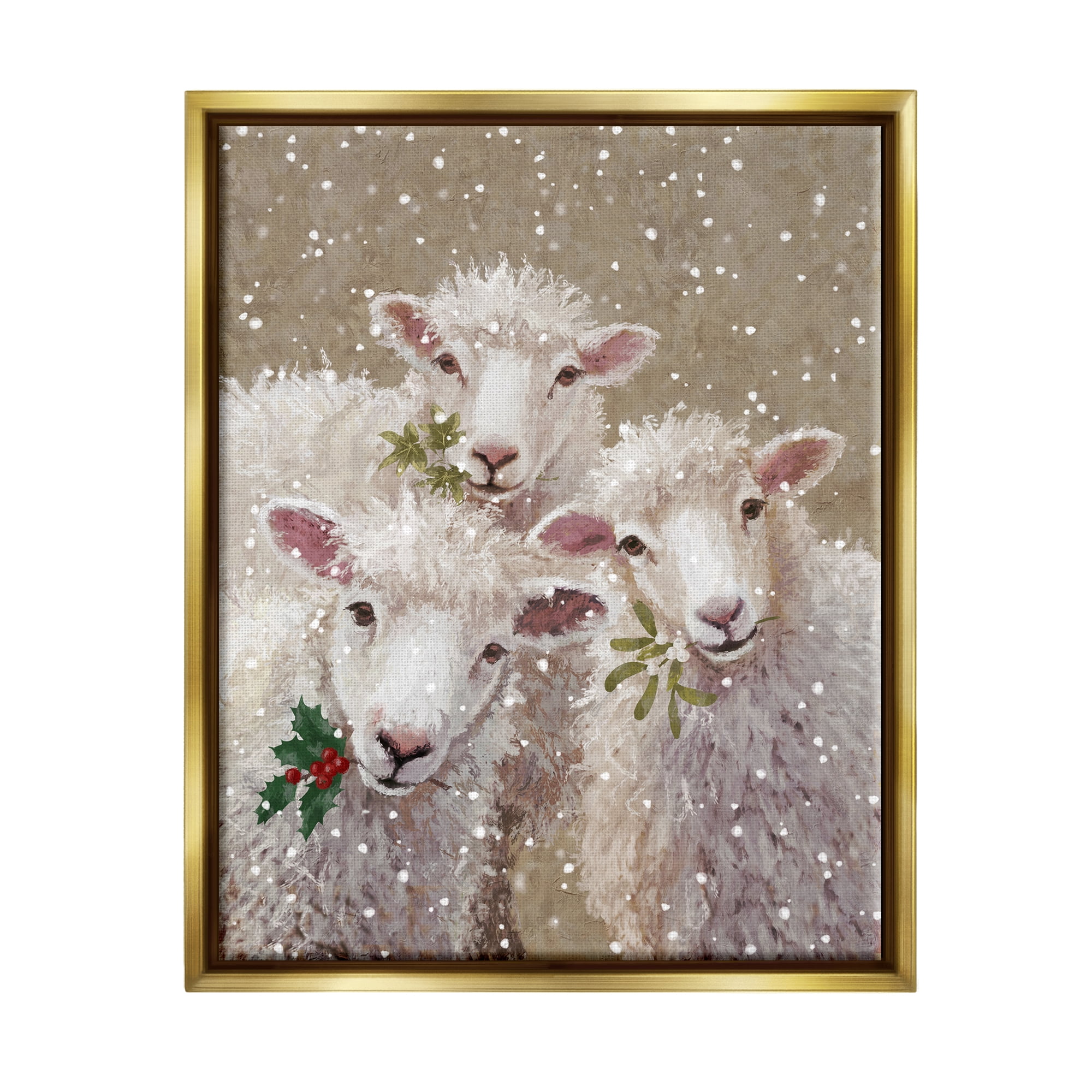 Stupell Industries Winter Sheep Trio Farm Animals Holiday Painting Gold Floater Framed Art Print Wall Art