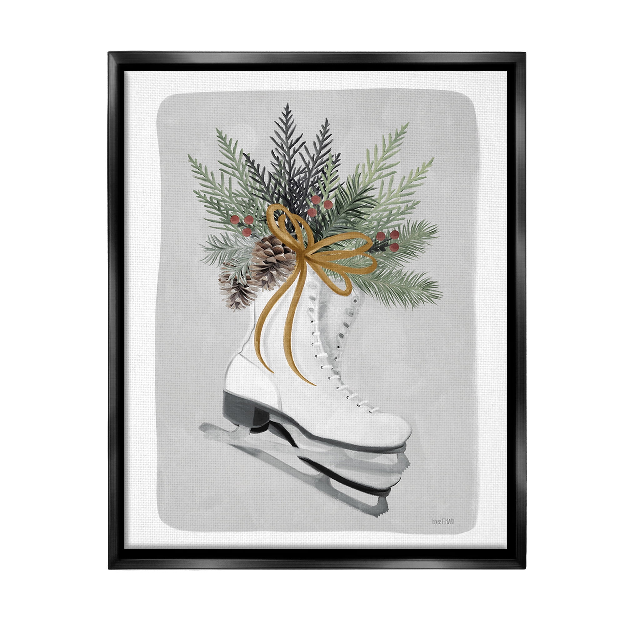 Stupell Industries Winter Skates & Pinecone Botanical & Floral Painting Black Floater Framed Canvas Art Print Wall Art, 17 x 21