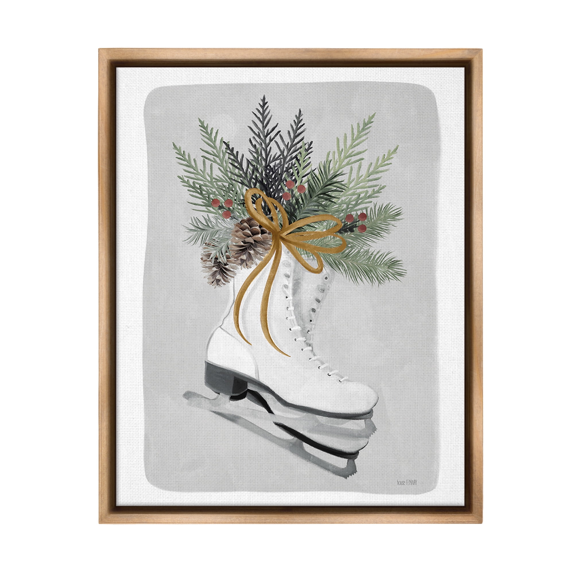 Stupell Industries Winter Skates & Pinecone Botanical & Floral Painting Brown Floater Framed Canvas Art Print Wall Art, 17 x 21