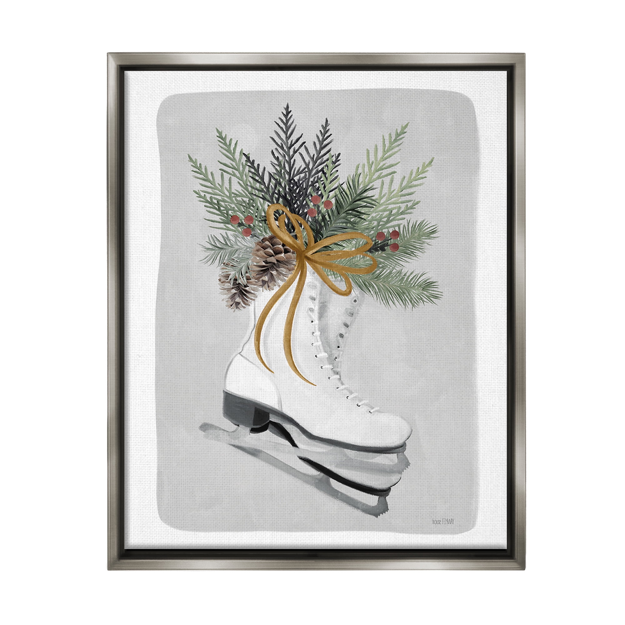 Stupell Industries Winter Skates & Pinecone Botanical & Floral Painting Gray Floater Framed Canvas Art Print Wall Art, 17 x 21