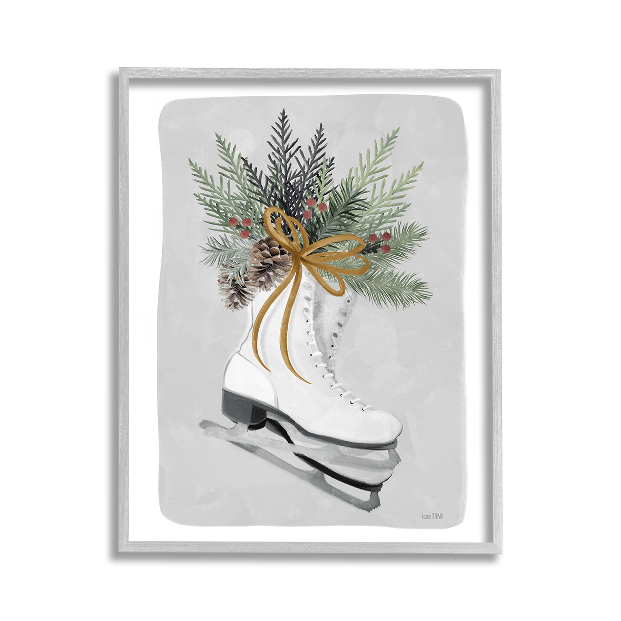 Stupell Industries Winter Skates & Pinecone Botanical & Floral Painting Gray Framed Art Print Wall Art, 11 x 14