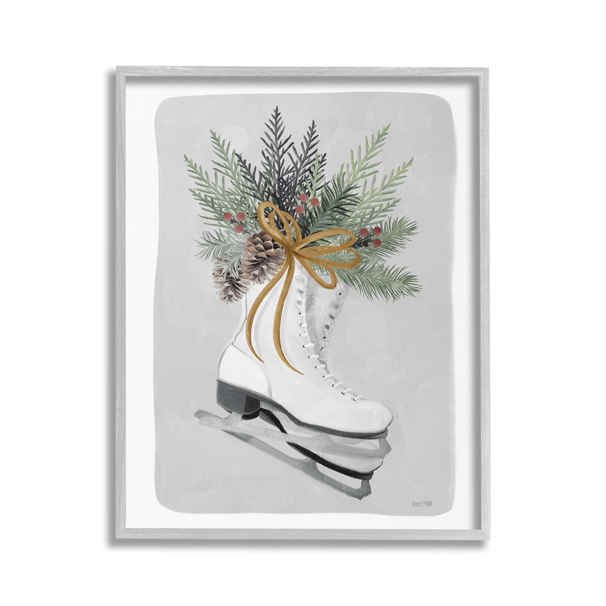 Stupell Industries Winter Skates & Pinecone Botanical & Floral Painting Gray Framed Art Print Wall Art, 24 x 30